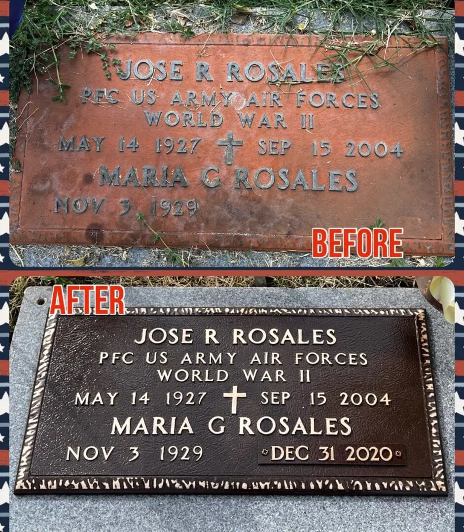 A photo of a grave marker before and after a bronze plaque.